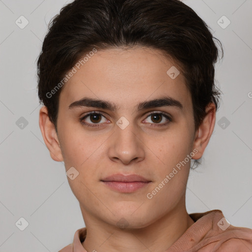 Joyful white young-adult female with short  brown hair and brown eyes