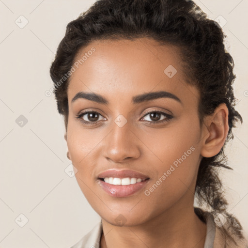 Joyful latino young-adult female with short  brown hair and brown eyes