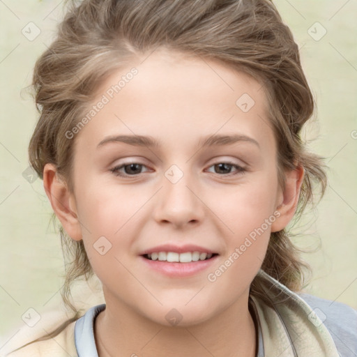 Joyful white child female with medium  brown hair and brown eyes