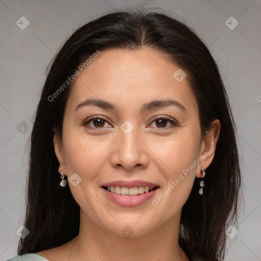 Joyful white young-adult female with medium  brown hair and brown eyes