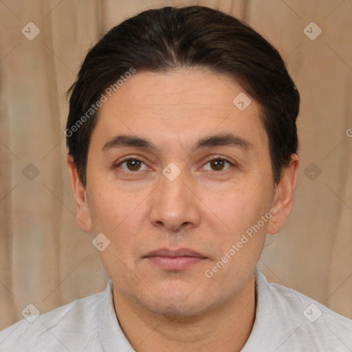 Neutral white adult male with short  brown hair and brown eyes