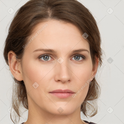 Neutral white young-adult female with medium  brown hair and grey eyes