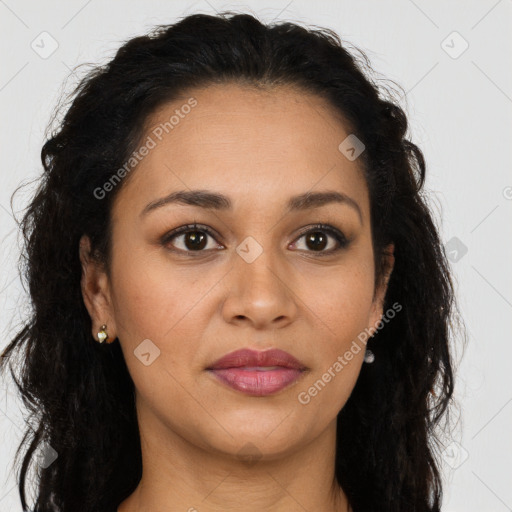 Joyful latino young-adult female with long  brown hair and brown eyes