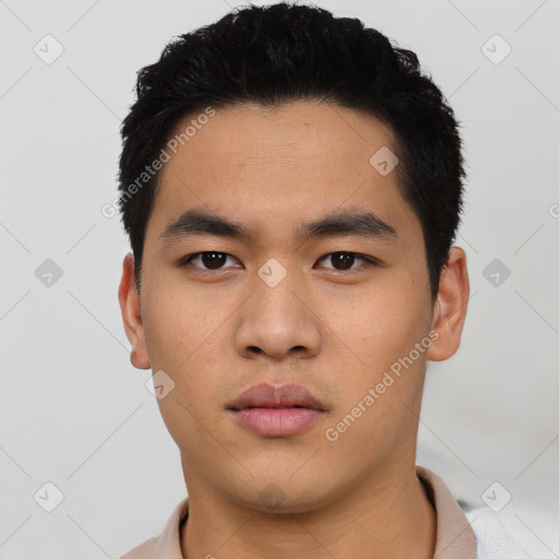 Neutral asian young-adult male with short  black hair and brown eyes