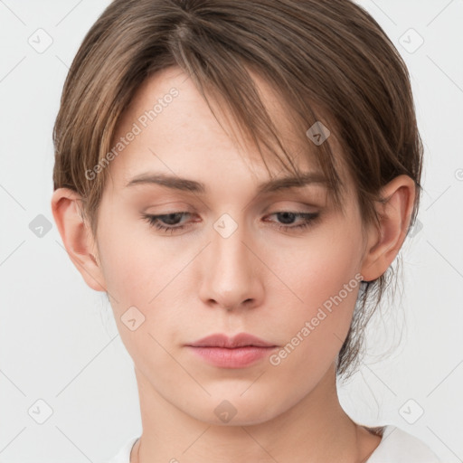 Neutral white young-adult female with medium  brown hair and grey eyes