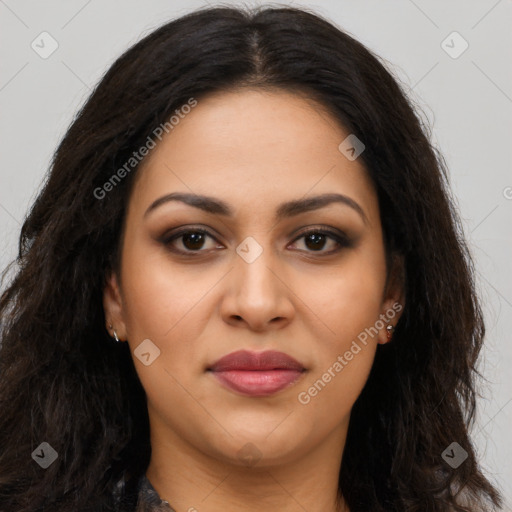 Joyful latino young-adult female with long  brown hair and brown eyes