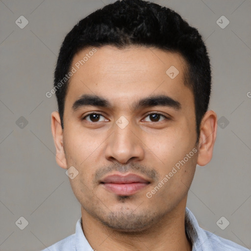 Neutral latino young-adult male with short  black hair and brown eyes