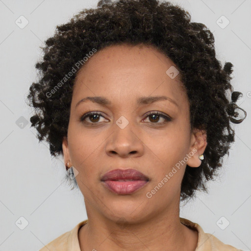 Neutral black young-adult female with short  brown hair and brown eyes