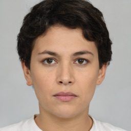 Neutral white young-adult female with short  brown hair and brown eyes