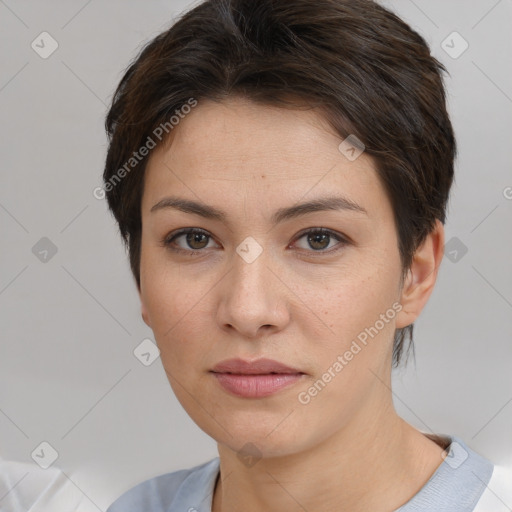 Neutral white young-adult female with short  brown hair and brown eyes