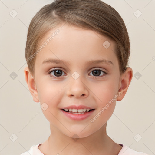 Joyful white child female with short  brown hair and brown eyes