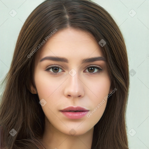 Neutral white young-adult female with long  brown hair and brown eyes