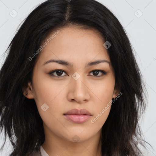 Neutral asian young-adult female with long  brown hair and brown eyes