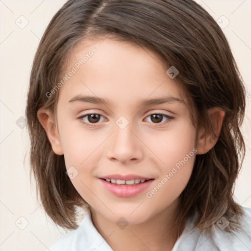 Joyful white child female with medium  brown hair and brown eyes