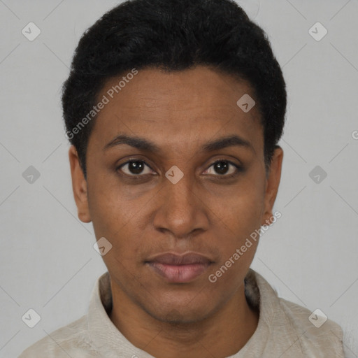 Neutral latino young-adult female with short  black hair and brown eyes