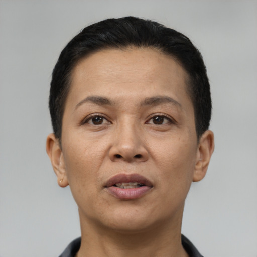 Joyful latino adult female with short  black hair and brown eyes