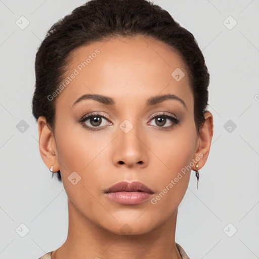 Neutral white young-adult female with short  brown hair and brown eyes