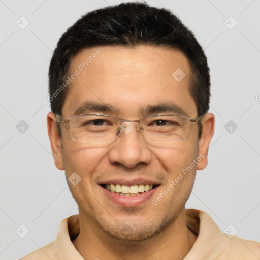 Joyful white adult male with short  brown hair and brown eyes