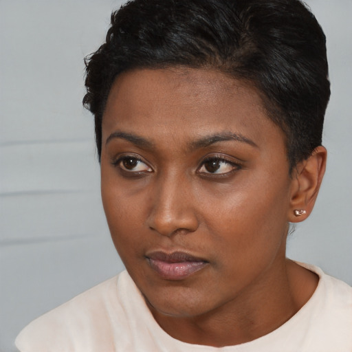 Neutral black young-adult female with short  brown hair and brown eyes