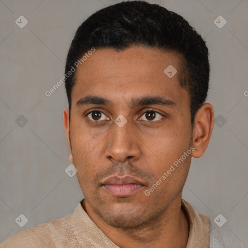 Neutral latino young-adult male with short  black hair and brown eyes