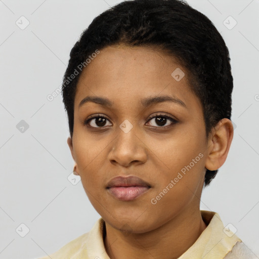 Neutral black young-adult female with short  black hair and brown eyes