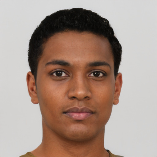 Neutral latino young-adult male with short  black hair and brown eyes