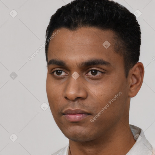 Neutral latino young-adult male with short  black hair and brown eyes