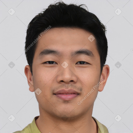 Neutral asian young-adult male with short  black hair and brown eyes