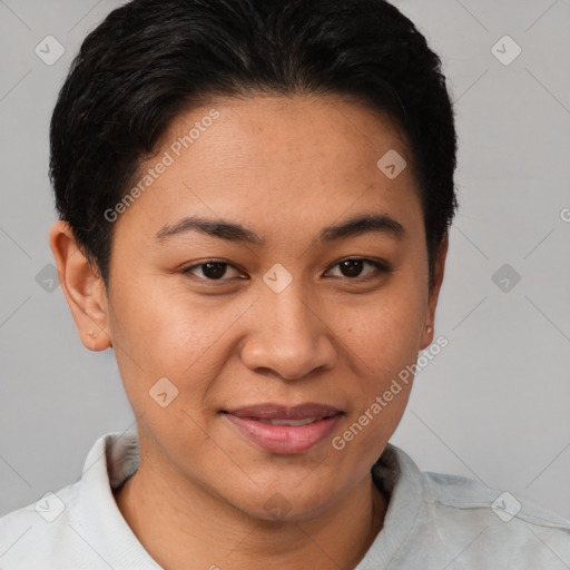 Joyful latino young-adult female with short  brown hair and brown eyes