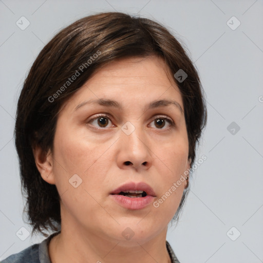 Neutral white adult female with medium  brown hair and brown eyes