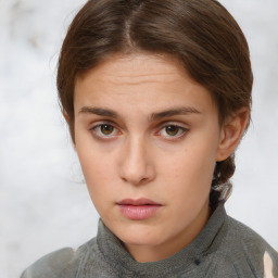 Neutral white young-adult female with short  brown hair and brown eyes