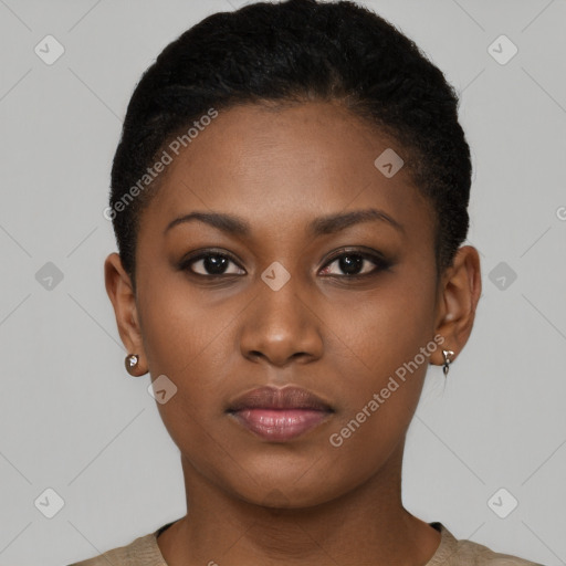 Neutral black young-adult female with short  brown hair and brown eyes