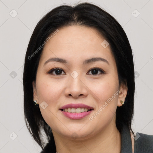 Joyful white young-adult female with medium  black hair and brown eyes