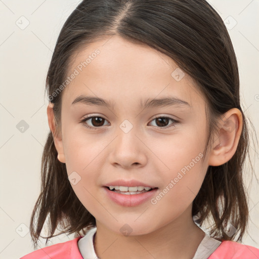 Joyful white child female with medium  brown hair and brown eyes