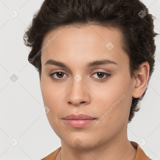 Neutral white young-adult female with short  brown hair and brown eyes