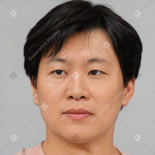 Joyful asian young-adult male with short  brown hair and brown eyes