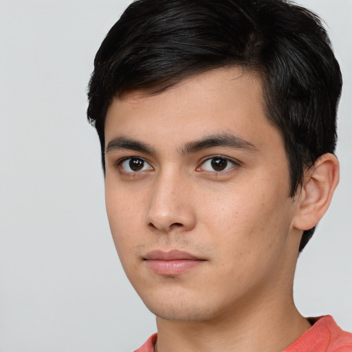 Neutral white young-adult male with short  black hair and brown eyes