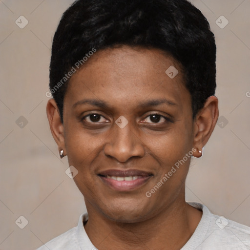 Joyful latino young-adult female with short  black hair and brown eyes