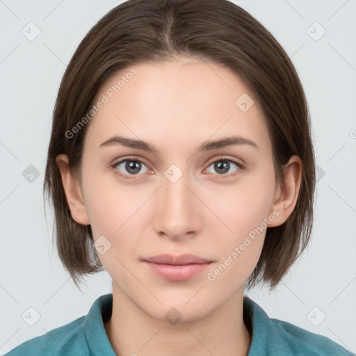 Neutral white young-adult female with medium  brown hair and brown eyes