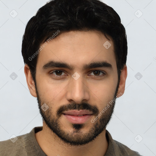 Neutral latino young-adult male with short  black hair and brown eyes