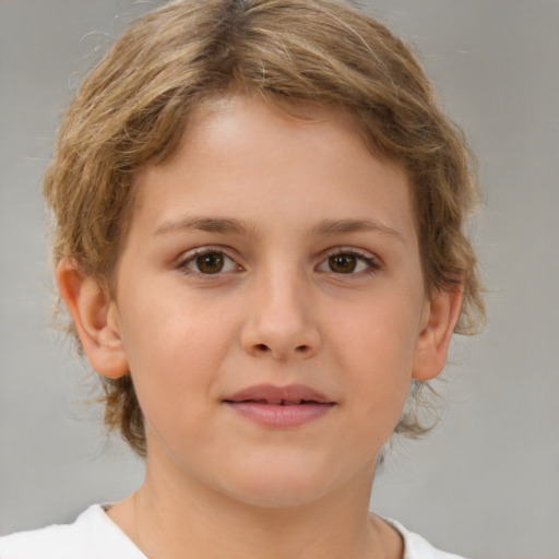 Joyful white child female with medium  brown hair and brown eyes