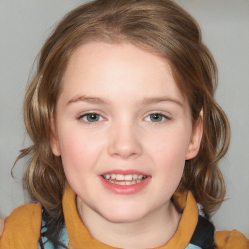 Joyful white child female with medium  brown hair and blue eyes