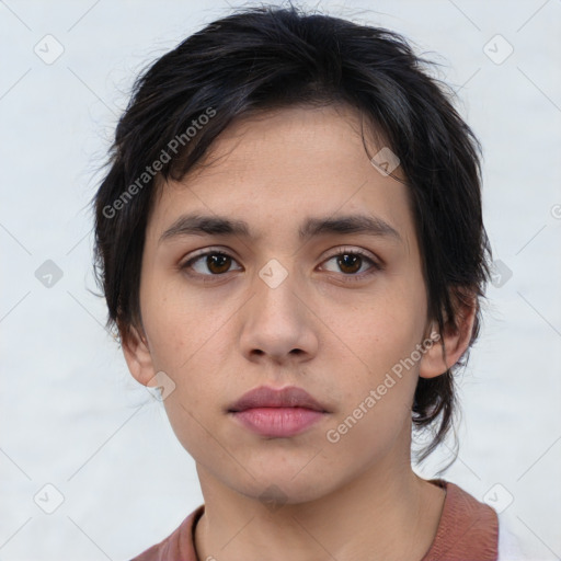 Neutral white young-adult female with medium  brown hair and brown eyes