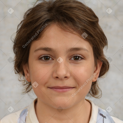 Joyful white child female with medium  brown hair and brown eyes