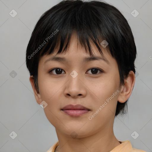 Neutral asian young-adult female with medium  brown hair and brown eyes