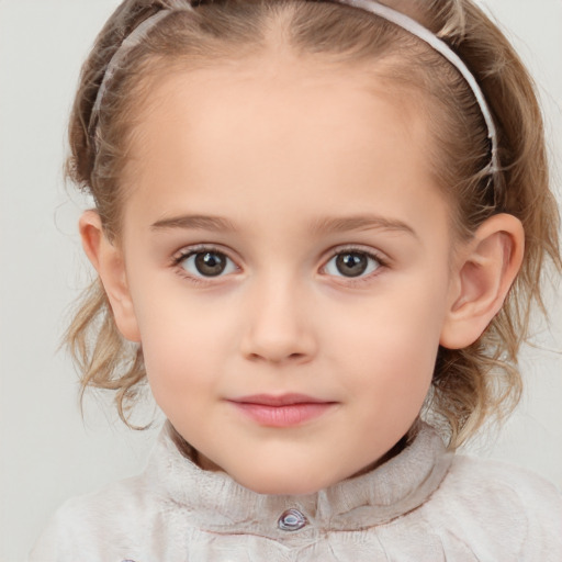 Neutral white child female with medium  brown hair and grey eyes