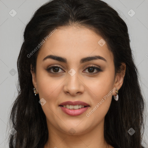 Joyful latino young-adult female with long  brown hair and brown eyes