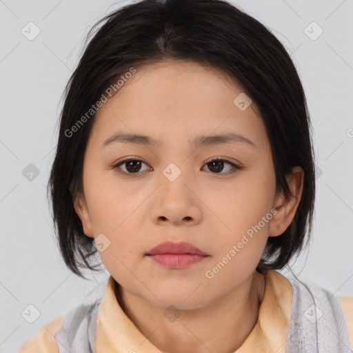 Neutral asian young-adult female with medium  brown hair and brown eyes