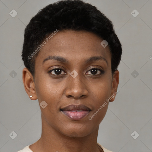 Joyful black young-adult female with short  black hair and brown eyes