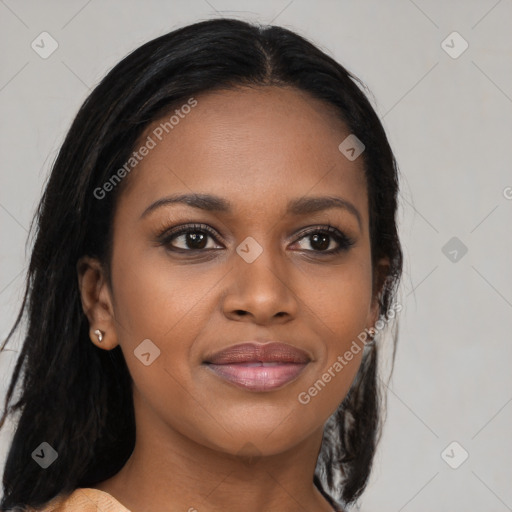 Joyful black young-adult female with medium  brown hair and brown eyes